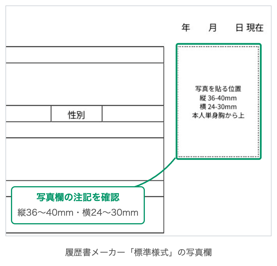 履歴書メーカーの標準様式の写真欄。「写真を貼る位置・縦36〜40mm・横24〜30mm・本人単身胸から上」の注記が印刷されている