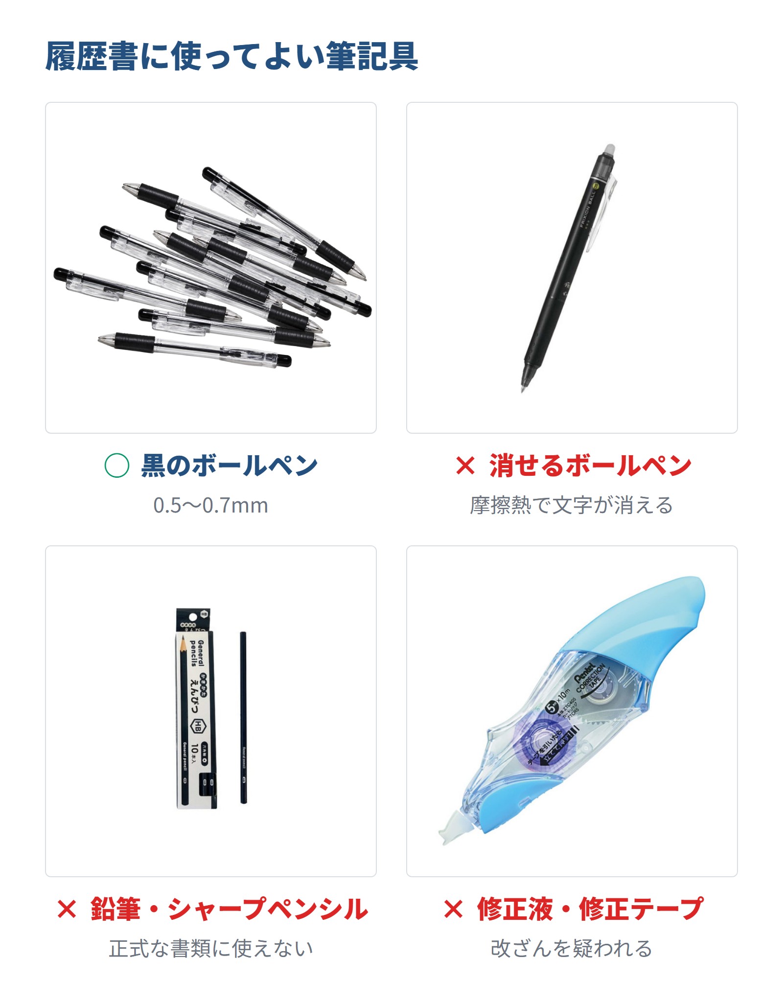 履歴書に使ってよい筆記具の比較。黒のボールペン(0.5〜0.7mm)はOK。消せるボールペン・鉛筆・修正テープはNG