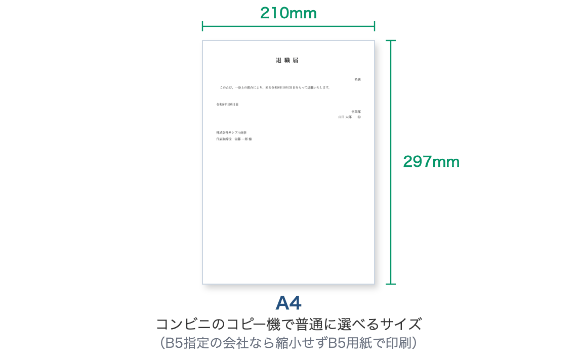 退職届はA4サイズ（210×297mm）。コンビニのコピー機で普通に選べるサイズで、B5指定の会社ならB5用紙で印刷する
